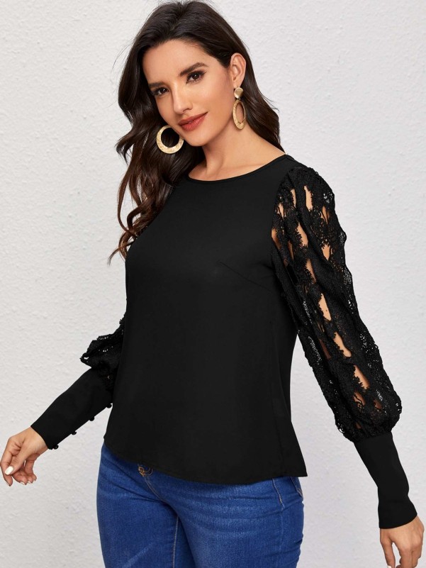 SHEIN Guipure Lace Bishop Sleeve Top