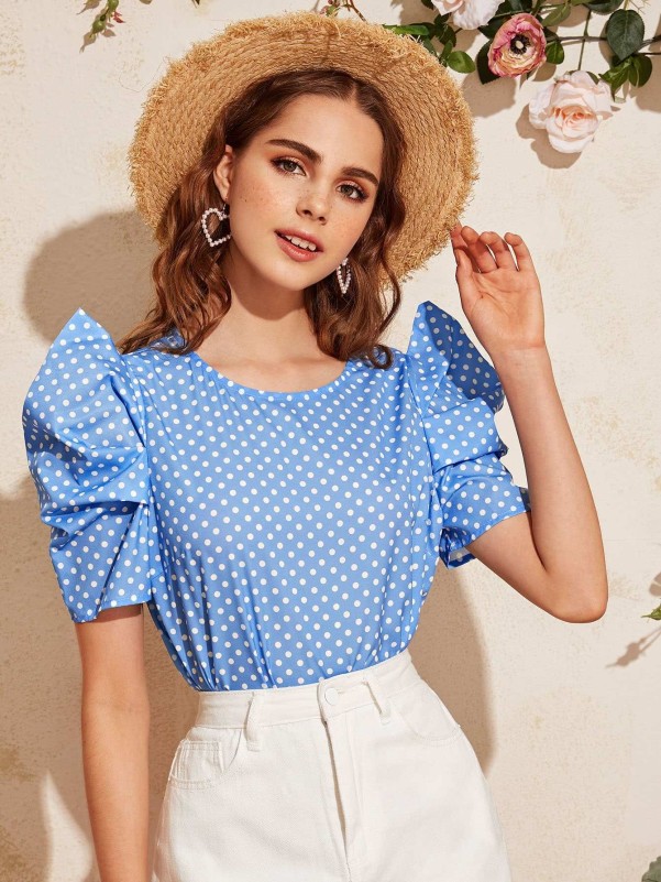 Keyhole Back Puff Sleeve Polka Dot Blouse