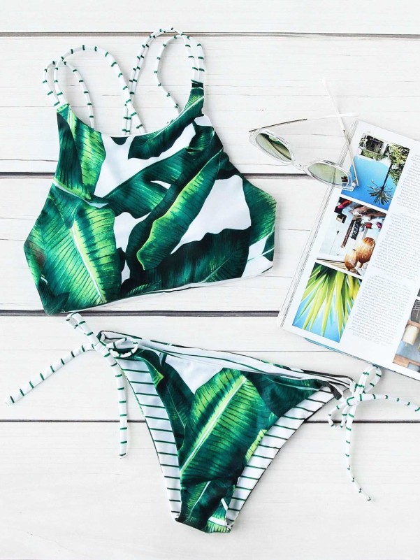 Jungle Print Criss Cross Top With Side Tie Bikini