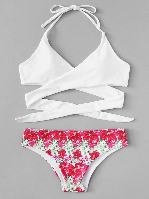 Cross Wrap Halter Top With Mix Bikini Set