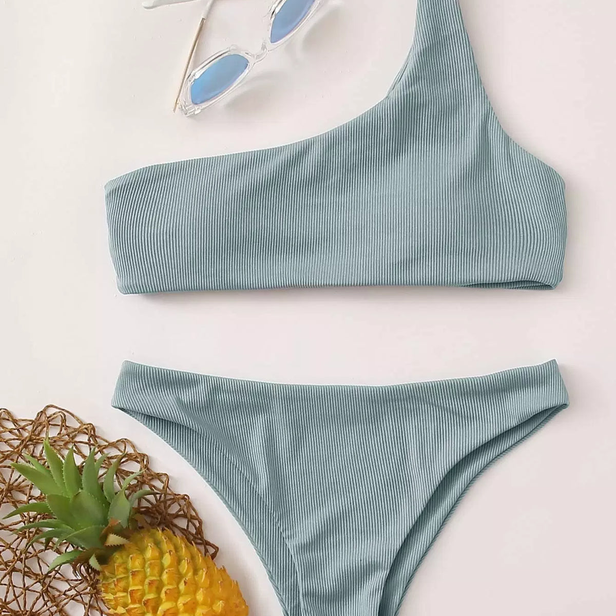 Rib One Shoulder Bikini Swimsuit - Oman