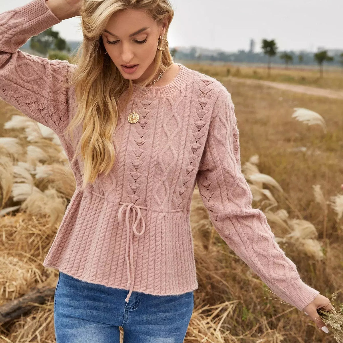 Drawstring Knot Diamond Cable Knit Peplum Sweater – Beisat