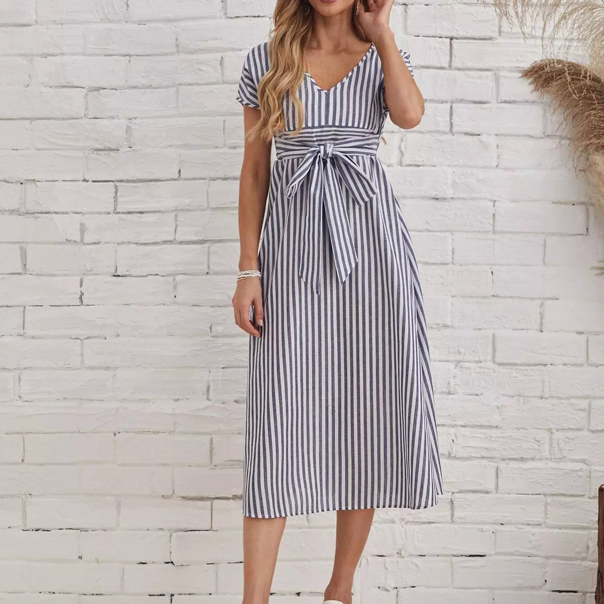 Tie Back Self Striped Dress Without Belt – Beisat