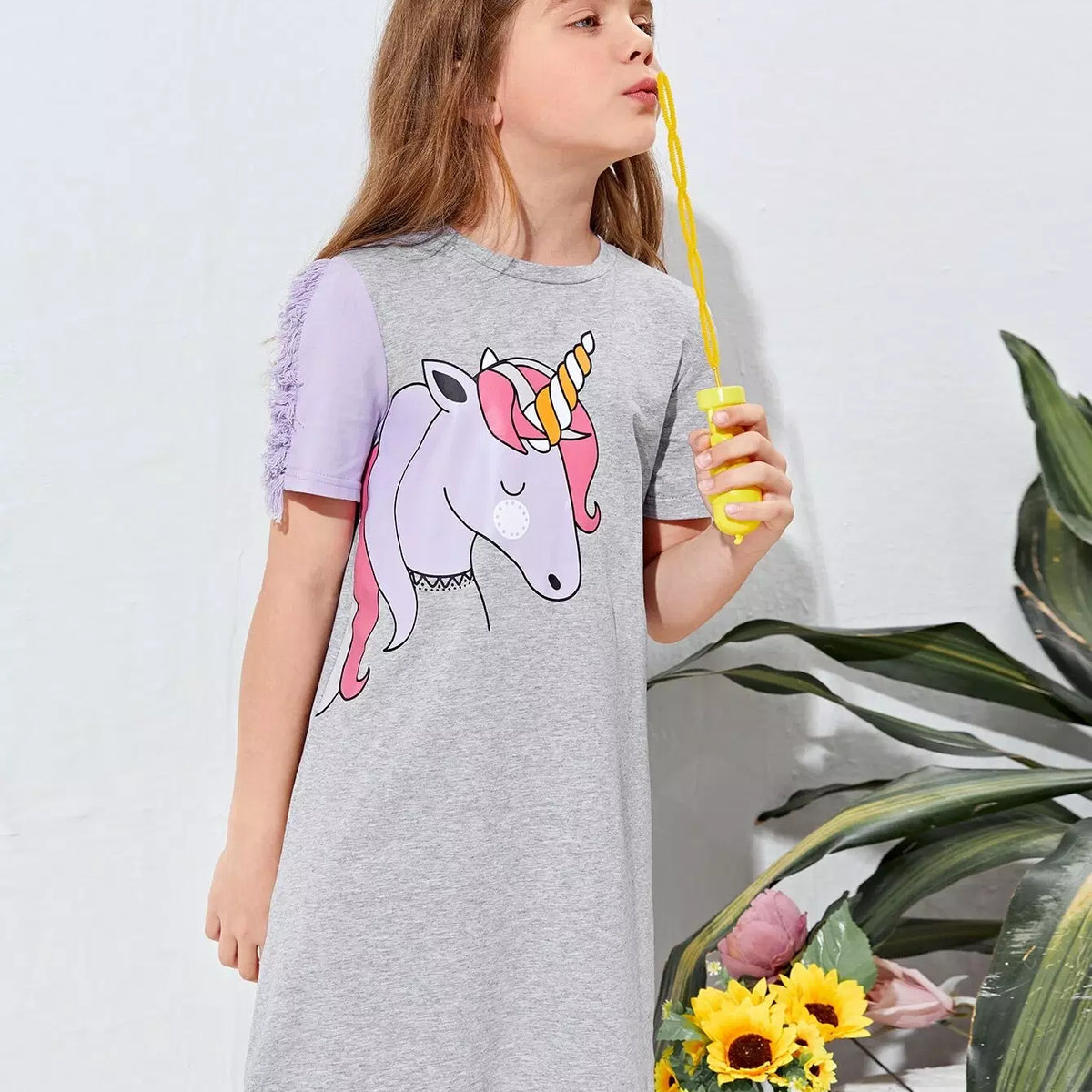 Girls Frayed Trim Unicorn Print Dress – Beisat