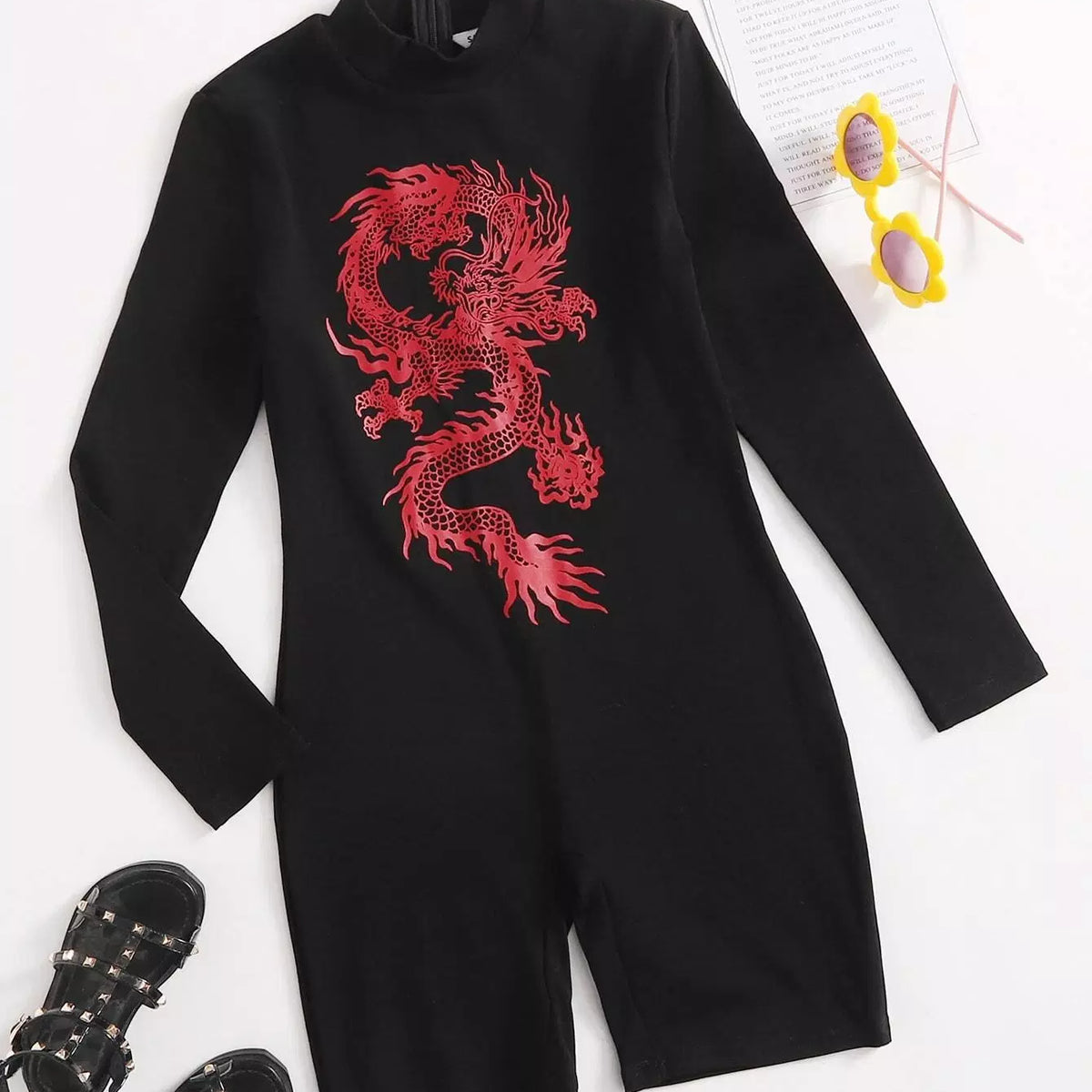 Girls Mock-Neck Chinese Dragon Print Romper ??? Beisat