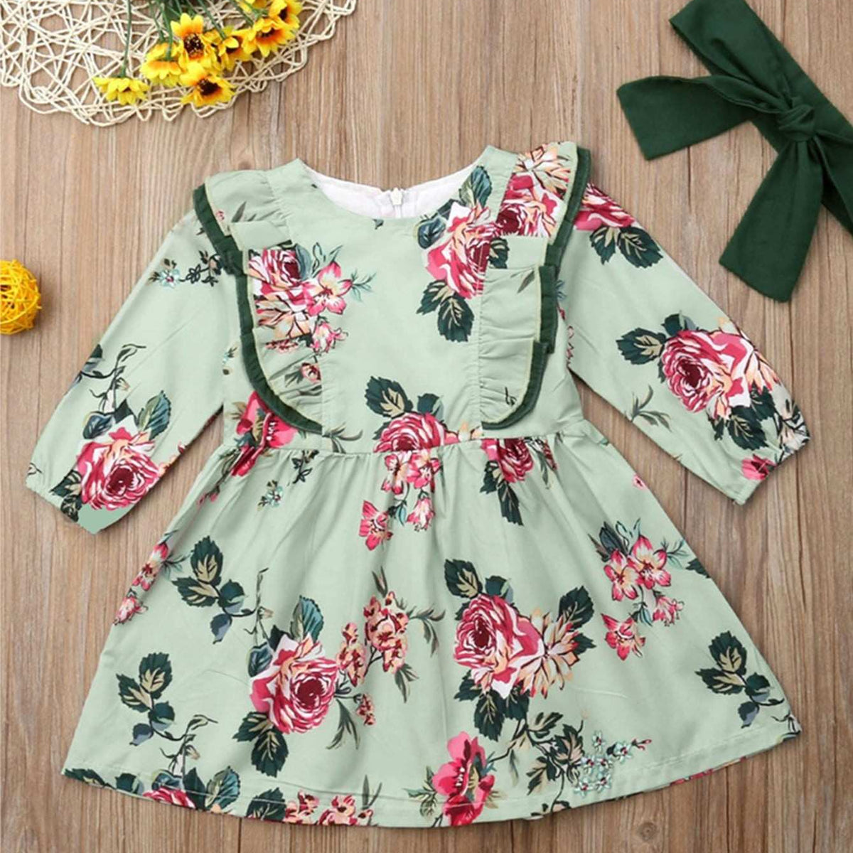 Toddler Girls Floral Print Ruffle Trim Flare Dress With Headband  Beisat
