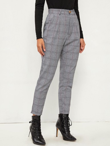 Plaid Print Slant Pocket Tailored Pants