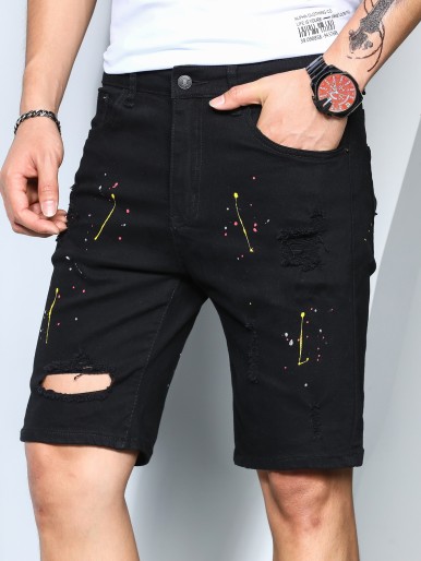 Men Destroyed Splash Ink Denim Shorts