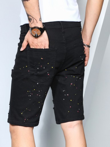 Men Destroyed Splash Ink Denim Shorts