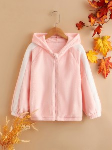 Girls Contrast Side Seam Raglan Sleeve Zipper Hooded Flannel Jacket