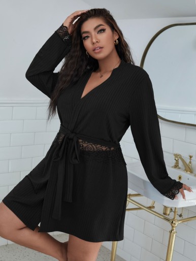 Plus Solid Lace Belted Robe