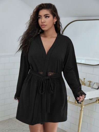 Plus Solid Lace Belted Robe