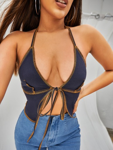 Stitch Trim Knot Front Halter Denim Top