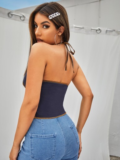 Stitch Trim Knot Front Halter Denim Top