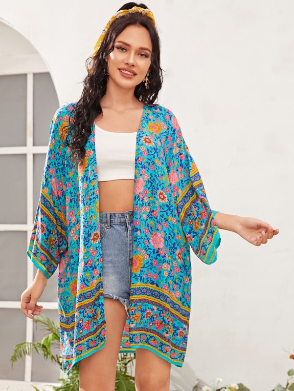 Open Front Batwing Sleeve Floral Print Kimono