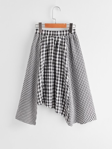 Girls Asymmetrical Hem Gingham Skirt