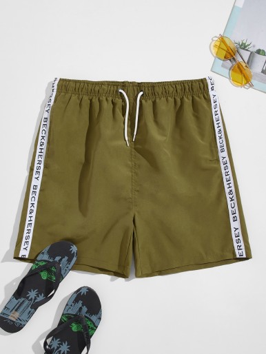 Men Letter Tape Drawstring Swim Shorts