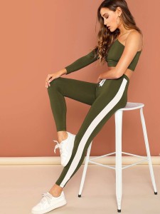 One Shoulder Crop Top and Drawstring Waist Leggings Set