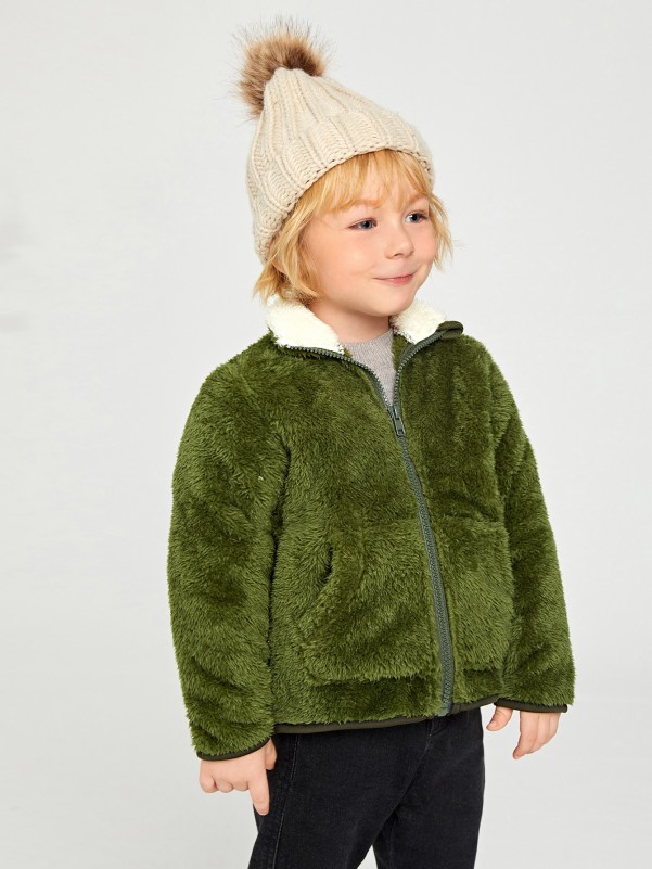 Toddler Boys Contrast Panel Zipper Teddy Jacket