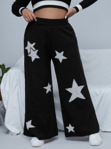 Plus High Waist Star Pattern Wide Leg Knit Pants