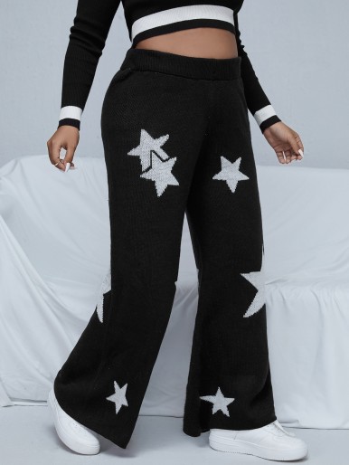 Plus High Waist Star Pattern Wide Leg Knit Pants