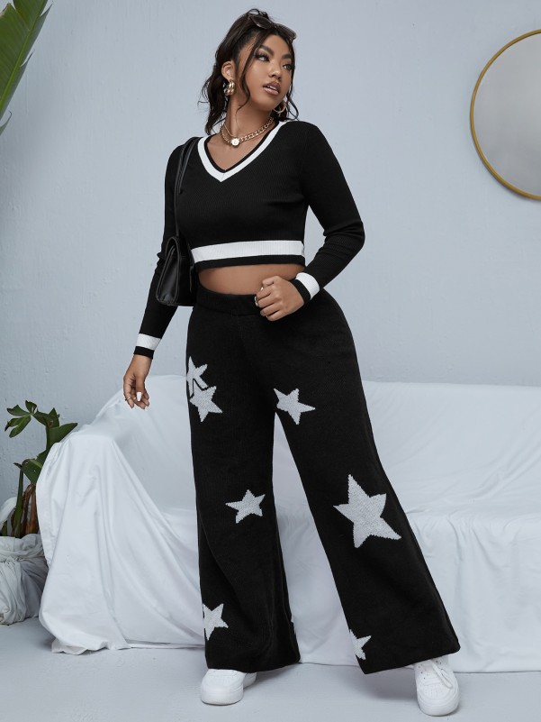 Plus High Waist Star Pattern Wide Leg Knit Pants