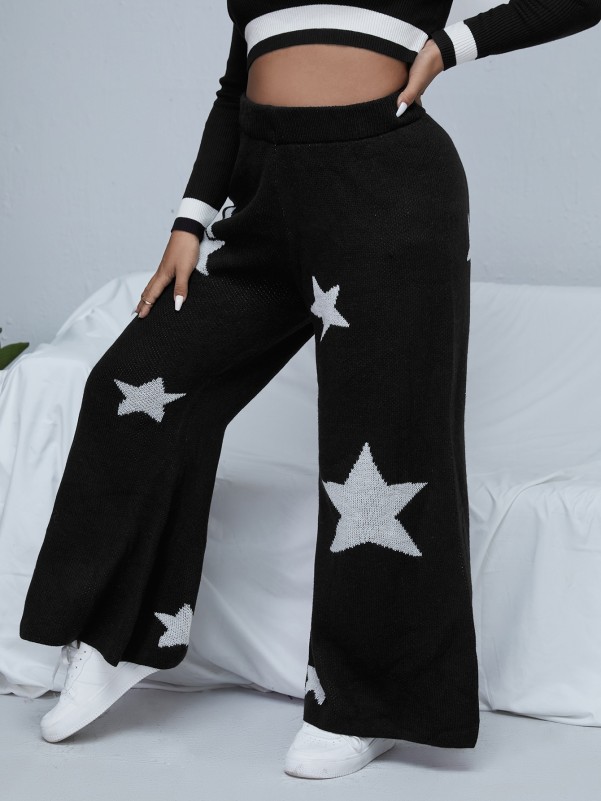 Plus High Waist Star Pattern Wide Leg Knit Pants