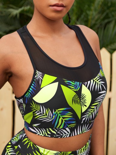 Plus Tropical Print Contrast Mesh Tank Top With Leggings Sports Set