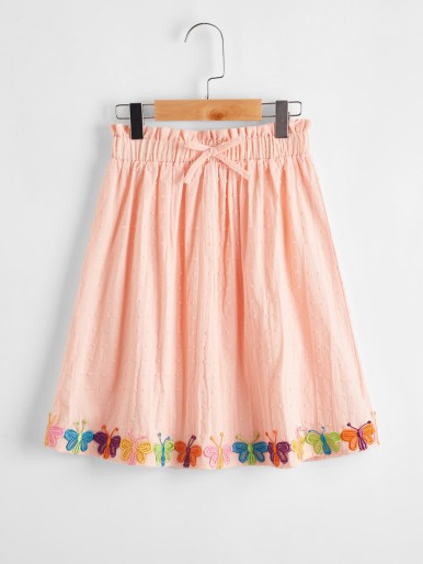 Girls Paperbag Waist Butterfly Patched Swiss Dot Skirt