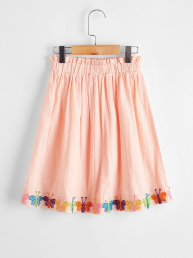 Girls Paperbag Waist Butterfly Patched Swiss Dot Skirt