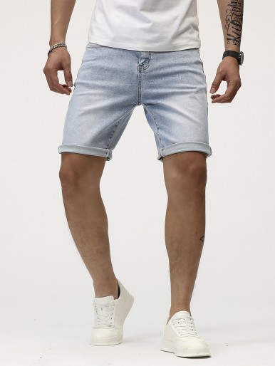 Men Light Washed Rolled Hem Denim Shorts