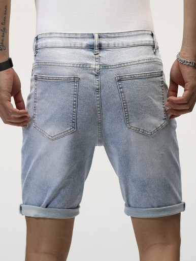 Men Light Washed Rolled Hem Denim Shorts