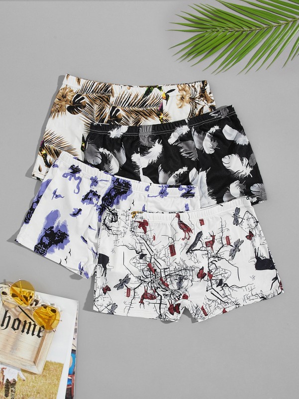 Men 4pcs Feather & Tropical Print Boxer Brief