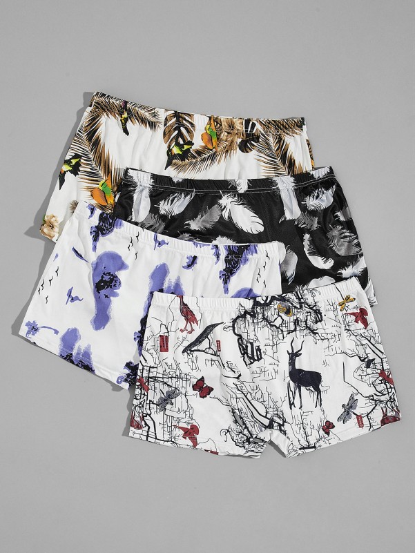 Men 4pcs Feather & Tropical Print Boxer Brief