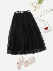 Girls Letter Graphic Embroidered Mesh Skirt