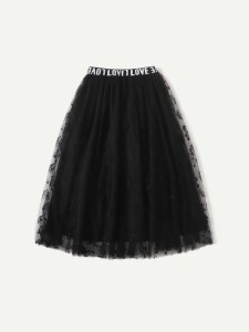 Girls Letter Graphic Embroidered Mesh Skirt