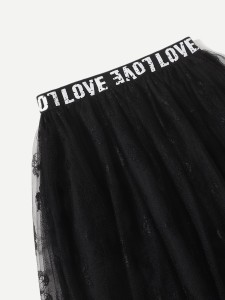 Girls Letter Graphic Embroidered Mesh Skirt