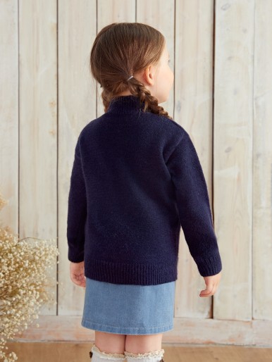 Toddler Girls Drop Shoulder Floral Patched Fluffy Knit Sweater