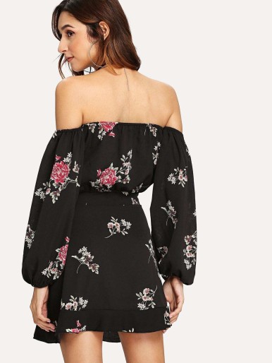 Off-Shoulder Floral Print Top With Skirt