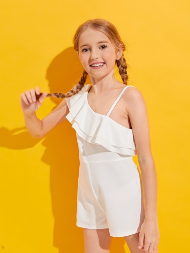 Girls Asymmetrical Neck Ruffle Trim Romper