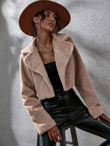 Lapel Neck Open Front Fuzzy Coat