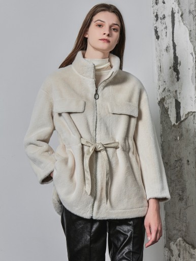 FUZZY BELTED ZIPPER COAT