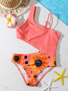 Girls Sunflower Print Cut-out One Piece Swimsuit