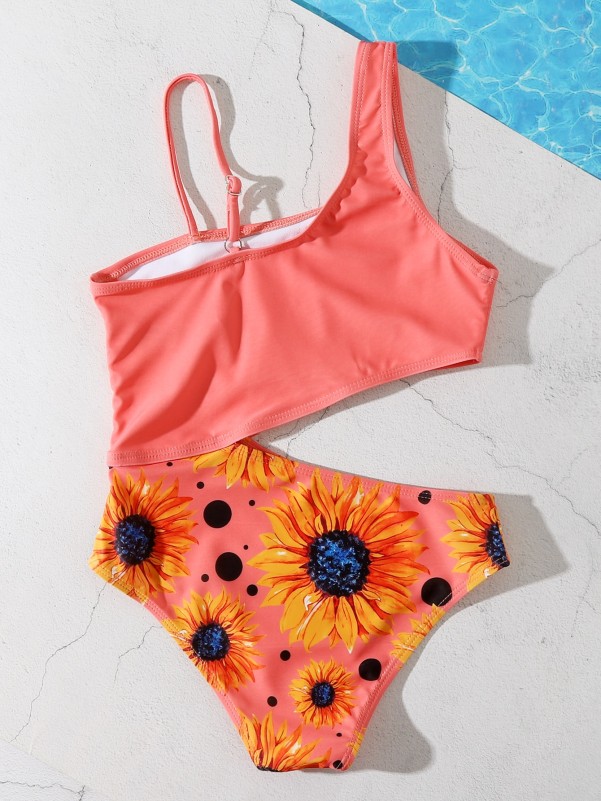 Girls Sunflower Print Cut-out One Piece Swimsuit