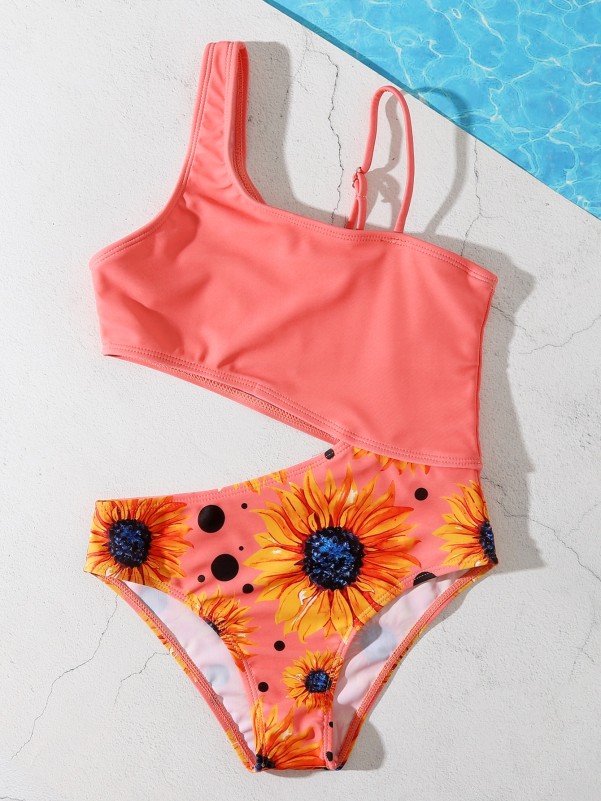 Girls Sunflower Print Cut-out One Piece Swimsuit