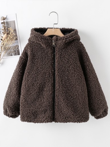 Girls Drop Shoulder Zip Up Hooded Teddy Coat