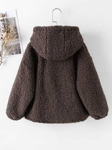 Girls Drop Shoulder Zip Up Hooded Teddy Coat