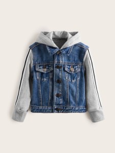 Toddler Boys Contrast Sleeve Flap Pocket Single Breasted Hooded Denim Jacket