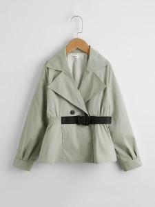 Girls Lapel Neck Button Front Buckle Belt Jacket