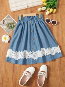 Girls Guipure Lace Appliques Paperbag Waist Skirt